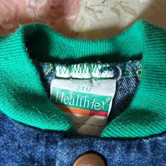 Vintage 80s 90s Healthtex Denim Jumpsuit Long Sleeve Primary Colors & Airplanes - Picture 4 of 9